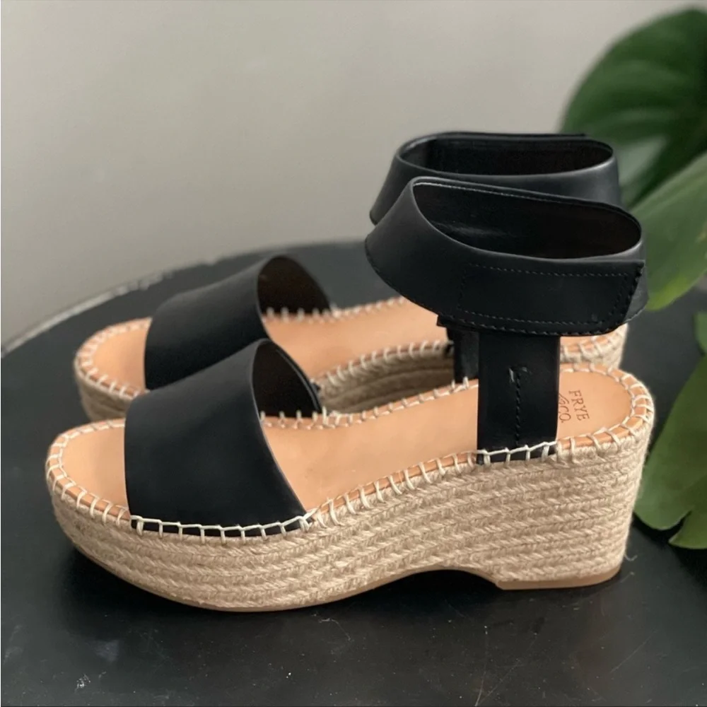 Frye & Co Amber Espadrille Wedge Platform Sandals Wedge Ankle Strap Black - Picture 5 of 11